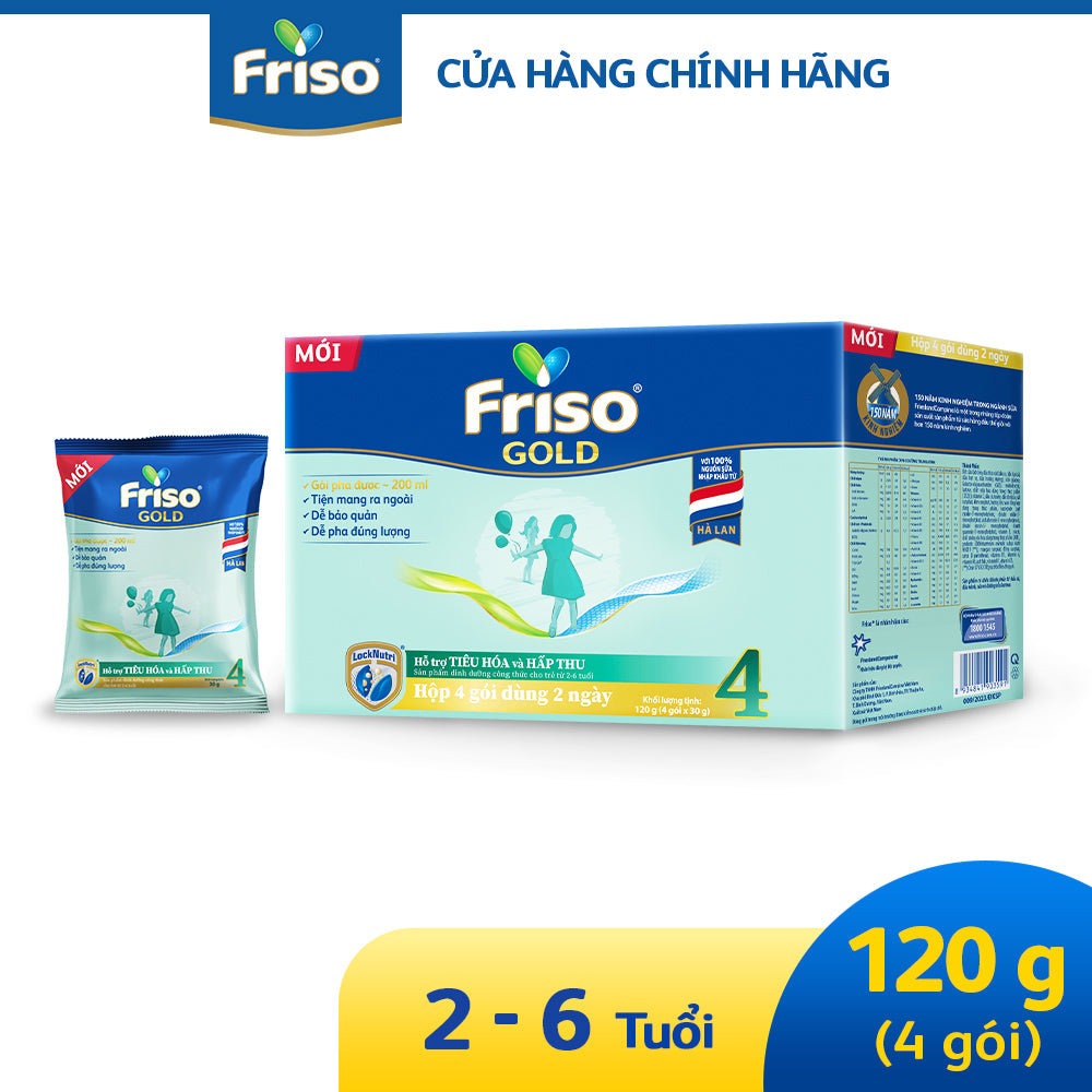 Frisolac Gold 4 | Hộp giấy 4 gói tiện lợi dùng 1 - 2 ngày (120g)