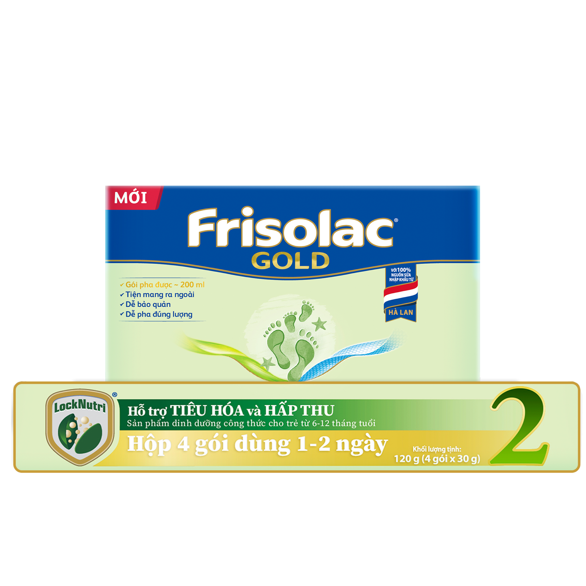 Frisolac Gold 2 | Hộp giấy 4 gói tiện lợi dùng 1 - 2 ngày (120g)