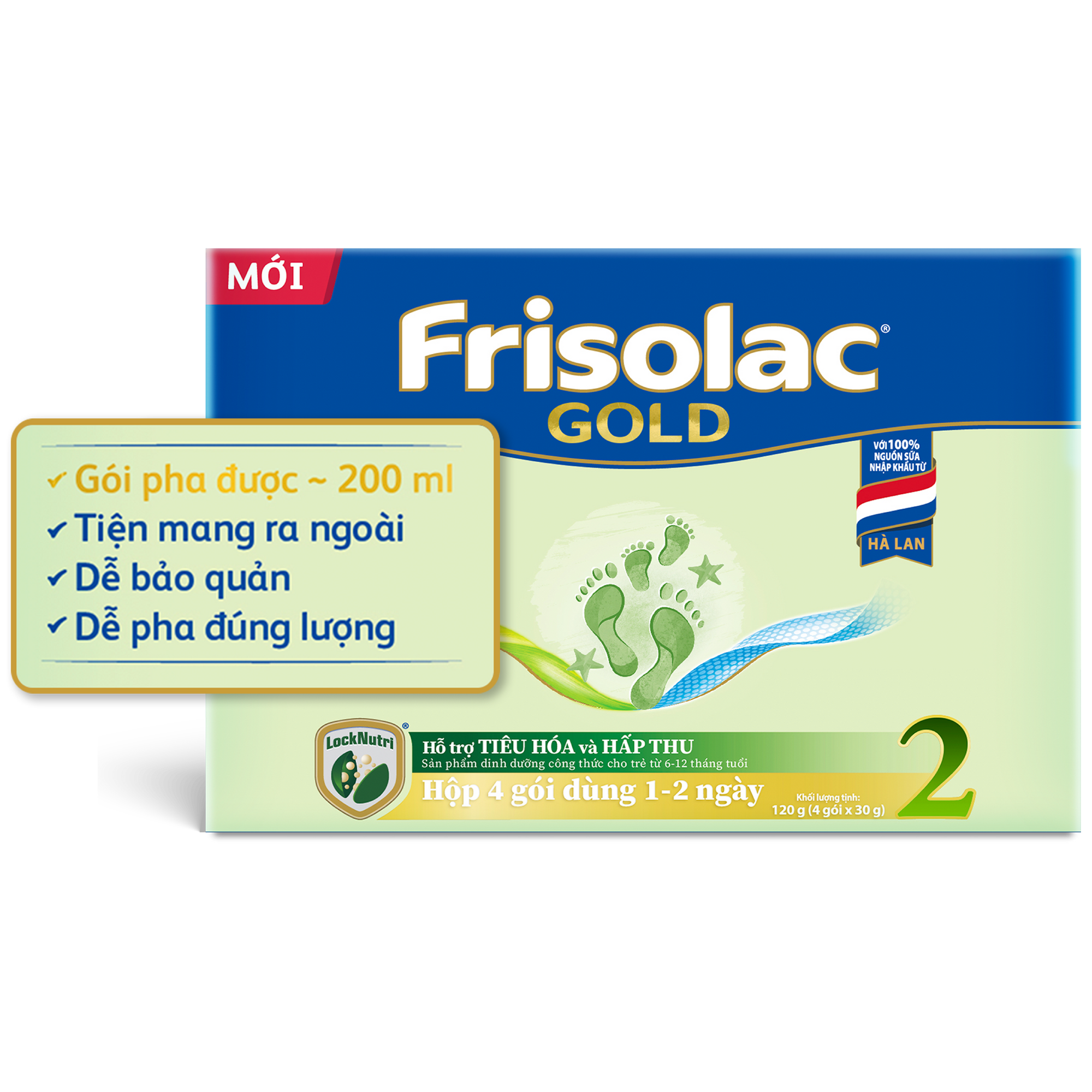 Frisolac Gold 2 | Hộp giấy 4 gói tiện lợi dùng 1 - 2 ngày (120g)