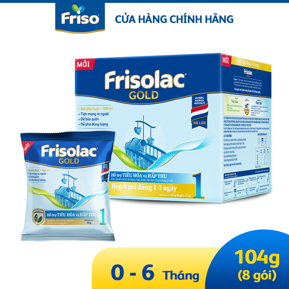 *MỚI | Sữa công thức Frisolac Gold 1 cho bé 0-6 tháng tuổi | Gói tiện lợi pha 100ml - Hộp 104g (8 gói x 13g)