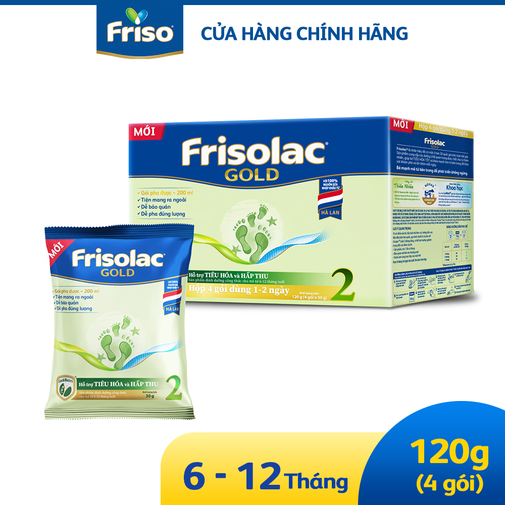 *MỚI | Sữa công thức Frisolac Gold 2 cho bé 6-12 tháng tuổi | Gói tiện lợi pha 200ml - Hộp 120g (4 gói x 30g)
