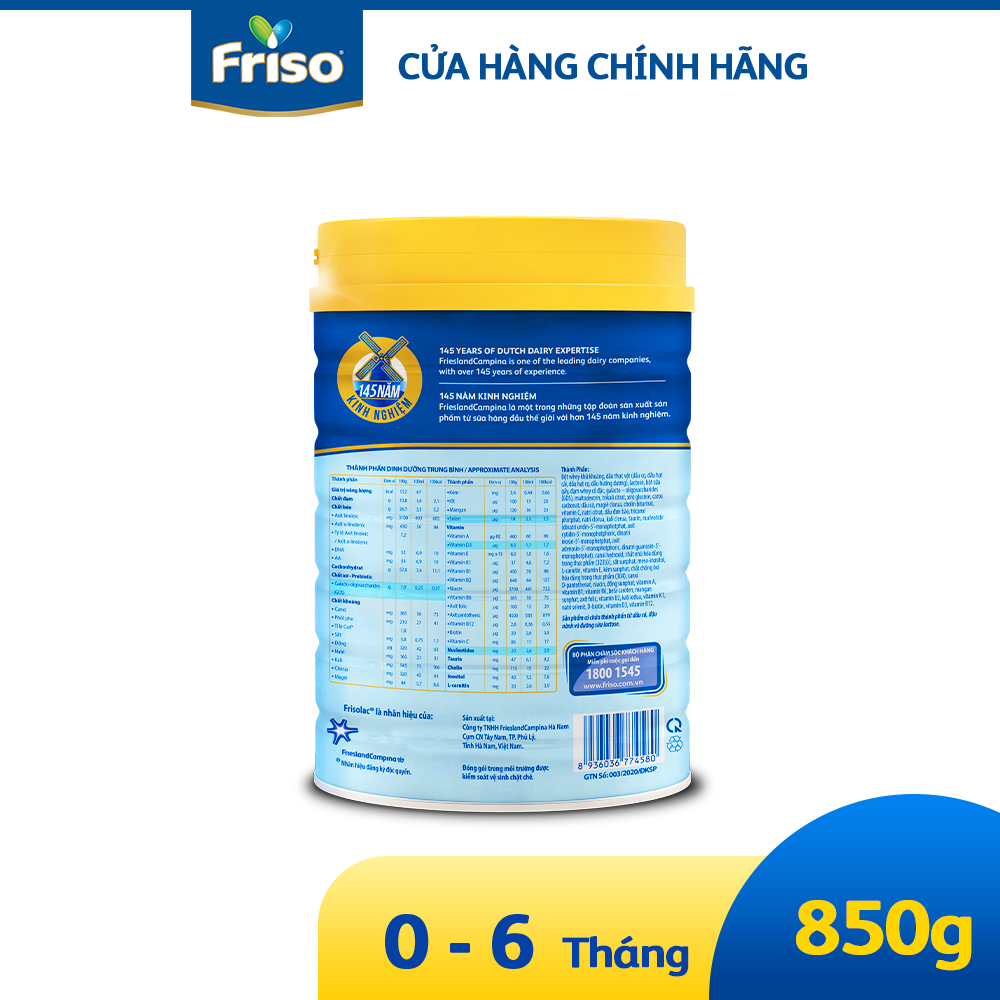 Sữa công thức Frisolac Gold 1 850G cho bé 0-6 tháng